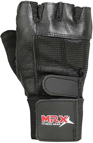 Miniatura 2 de MRX BOXING & FITNESS Guante de cuero para levantamiento de pesas con correa de muñeca larga para entrenamiento de gimnasio negro