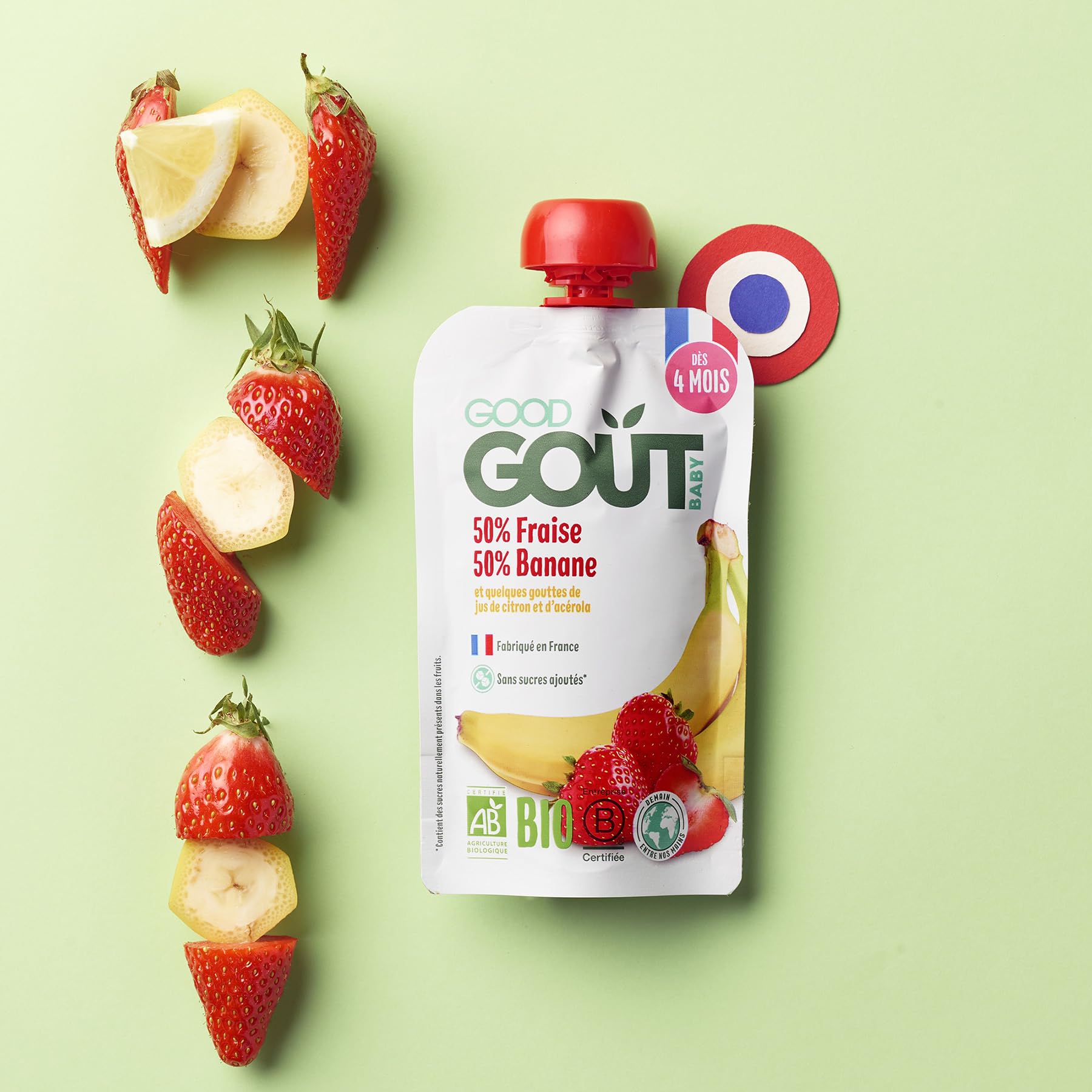 GOOD GOÛT - Gourdes Fraise Banane - Purée Bébé - Dès 4 Mois - 50% Banane, 50% Fraise - Sans Sucres Ajoutés - Fabriqué En France - 10x120g
