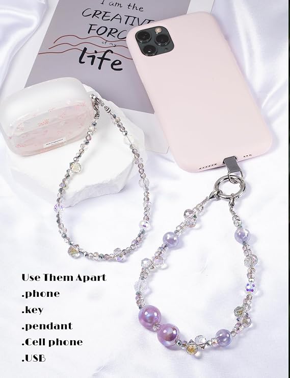 Handmade Beaded Charm Cell Phone Camera Lanyard, Wrist Strap with Pearl Crystal Gemstone Beads,Phone Chain String, Keychain Decor for Wallet (2-in-1 Starlight Purple.)
