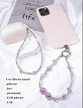 Handmade Beaded Charm Cell Phone Camera Lanyard, Wrist Strap with Pearl Crystal Gemstone Beads,Phone Chain String, Keychain Decor for Wallet (2-in-1 Starlight Purple.)