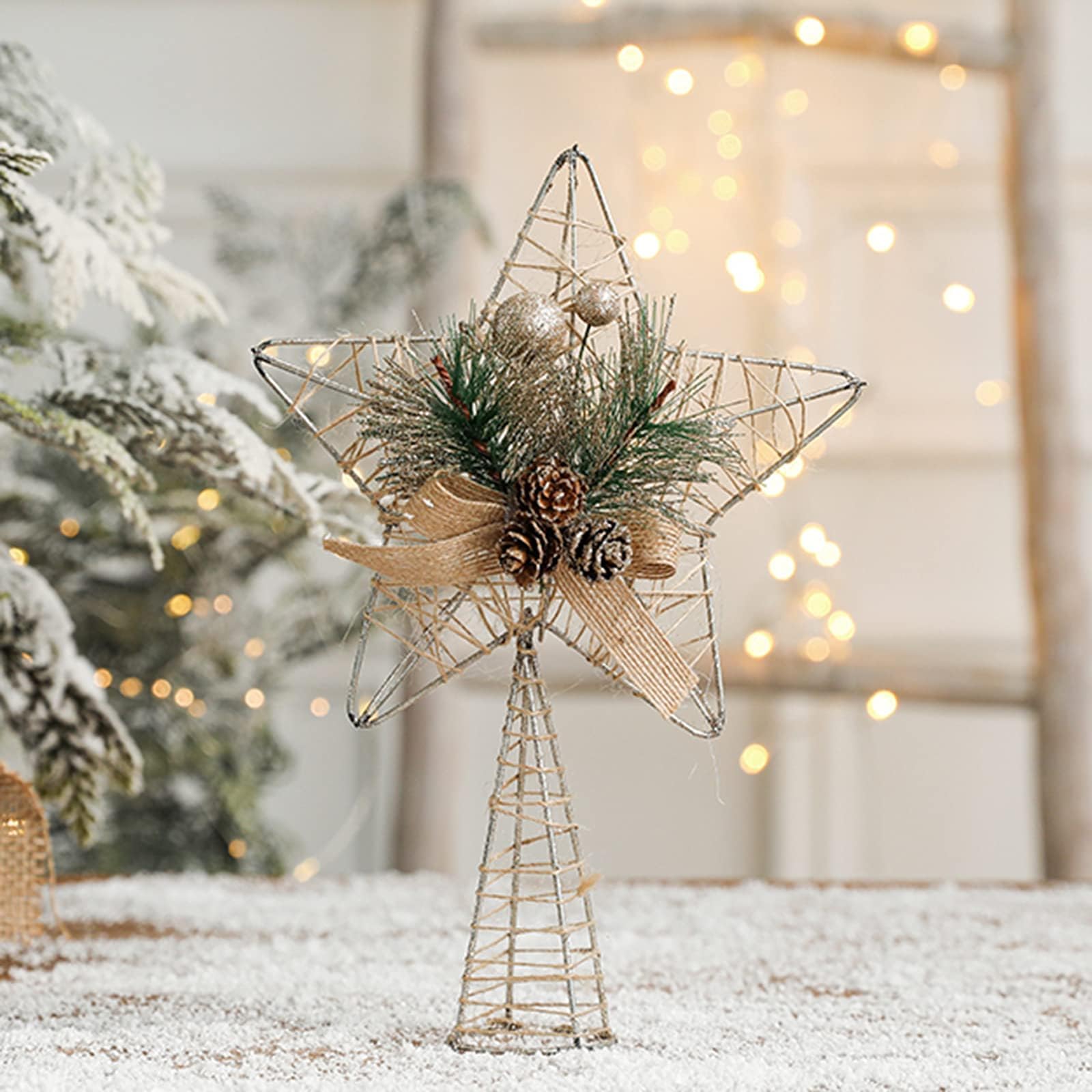 Christmas Tree Topper Star Metal Glitter Star Tree Topper with Red Berries and Pine Branches Rustic Natural Treetop Ornaments for Home Shop Holiday tree Decor1