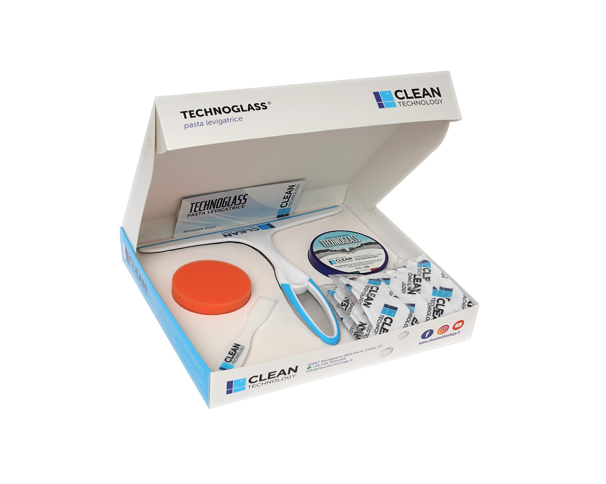 Box Technoglass 80 gr -Pasta levigatrice vetro e ceramica -125 ml con Tergivetro, Guanti, Protezione vie Respiratorie, Spugna, Microfibra - Trattamento anticalcare permanente Box Doccia e Vetri Auto