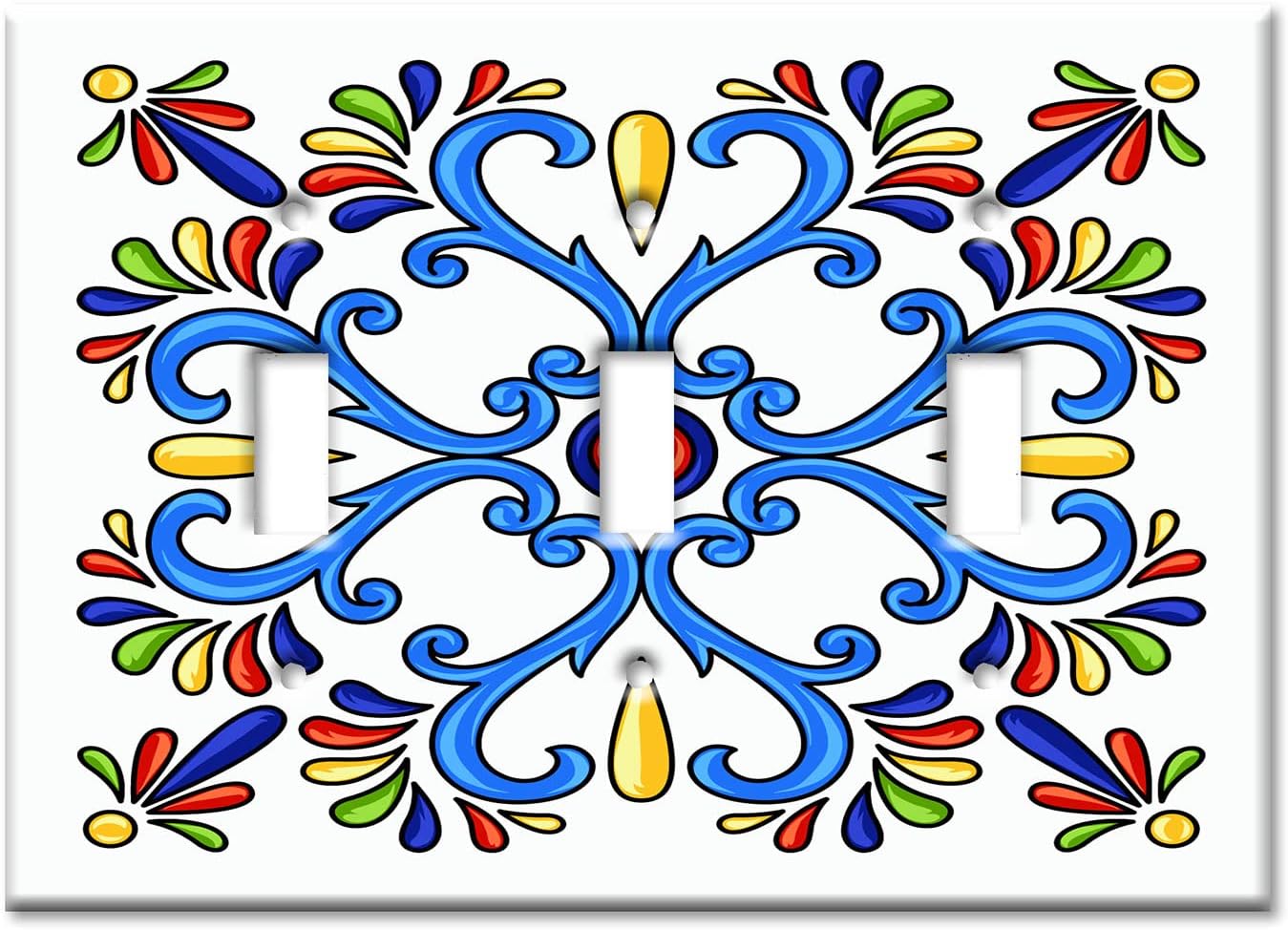 Art Plates - Decorative Light Switch Plate Cover Plate - Decorative Metal Wall Plate - 3 Gang Toggle - White - Blue Mexican Talavera Tile (PRINTED IMAGE) - (Made in USA)