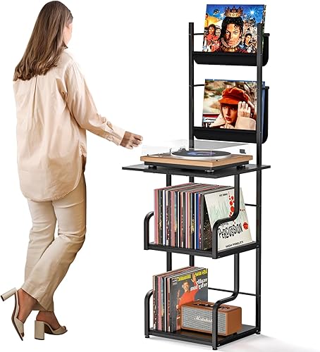 TJ.MOREE Soporte para tocadiscos con almacenamiento de vinilo, mesa alta para tocadiscos con soporte para tocadiscos y soporte para discos de vinilo