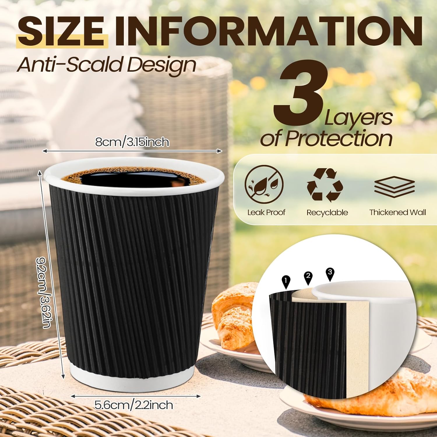 200 Pack 8 oz Disposable Coffee Cups Insulated Corrugated Paper Coffee Cups for Hot Drinks or Cold Beverages Ripple Cup for Espresso Office Cafe Home, No Lids(Black) - Image 4