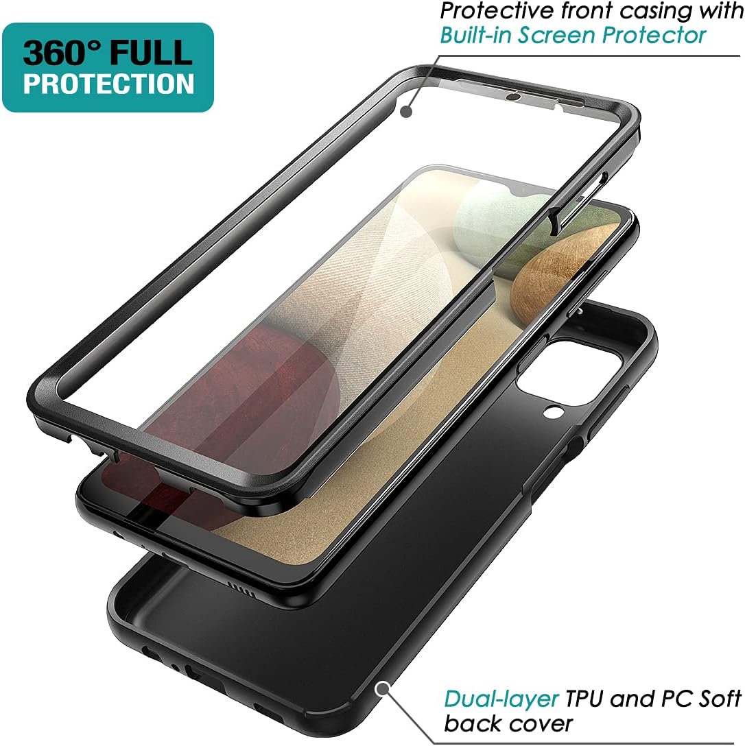 SURITCH for Samsung Galaxy A12 Case, [Built-in Screen Protector] Full Body Protection Shockproof Slim Protective Cover for Samsung A12 6.5 inch-Black