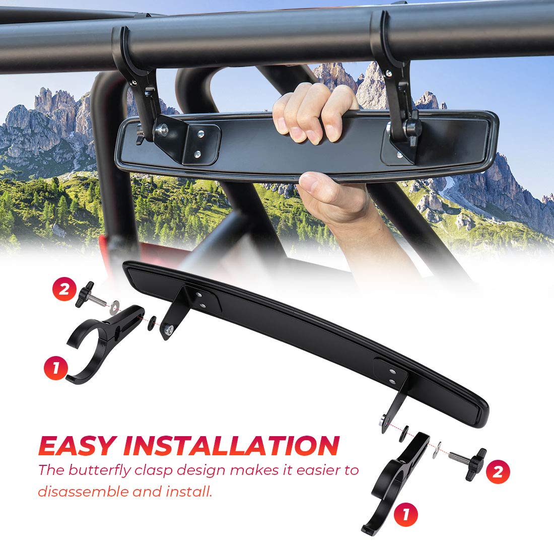 UTV Rear View Center Mirror, 15" UTV Race Mirror with 3/4 1.75" or 2" Clamps Compatible with 2021 Polaris RZR, Honda Pioneer, Can Am Commander Maverick, Honda Talon 1000R 1000X