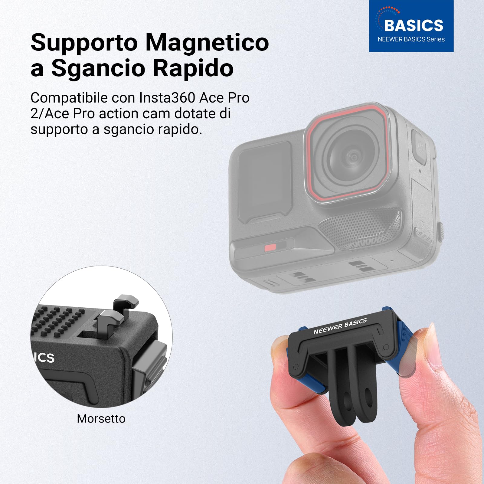 NEEWER GP-87 Supporto Sgancio Rapido Per Insta360 Ace Pro E Ace Pro 2, Attacco Magnetico Con Filetto 1/4" E Alloggiamento A 2 Punte, Lega Di Alluminio, Solo 22g - 3
