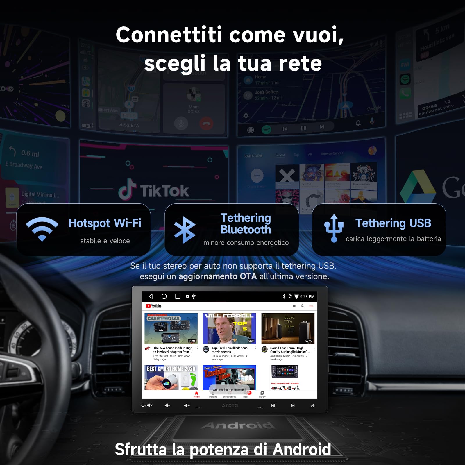 A5L 10.1 Pollici Doppio DIN e Adattivo a Singolo DIN Autoradio Android, CarPlay Senza Fili e Android Auto, Tracciamento GPS, Tethering WiFi/BT/USB,Telecamera di Retromarcia, HD LRV, 2G+32G