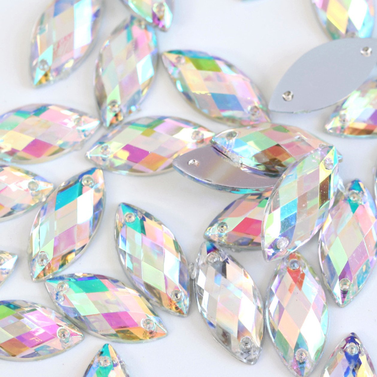 120PCS Sew On 7x15mm Crystals Stones Horse Eye Acrylic Strass,Sewing Crystal AB Flatback Rhinestones for DIY Clothes Crafts (AB)