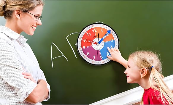 OSTAR Telling Time Teaching Wall Clock, Hanging Stand Dual Purpose,Battery Operated Analog Silent Learning Clock for Kids Room Decor