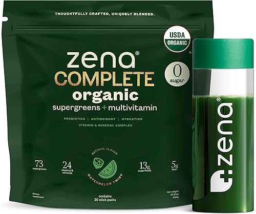 Zena Complete Organic Super Greens Polvo y multivitamínico, más de 90 superverdes, frutas, verduras, pre y probióticos, sabor a sandía y cítricos,
