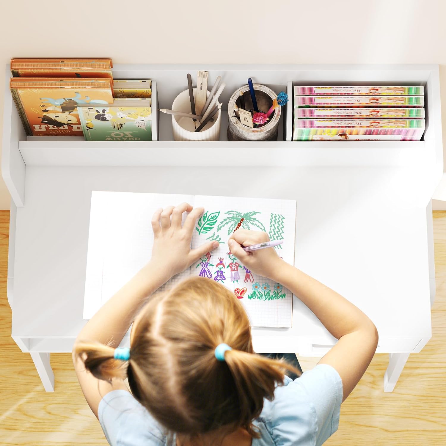 INFANS Table and Chair Set, Toddler Wooden Student Study Desk with Chair Storage Hutch Compartments Drawers for Writing Drawing, Children Furniture for Bedroom School Boys Girls 3+ Years Old