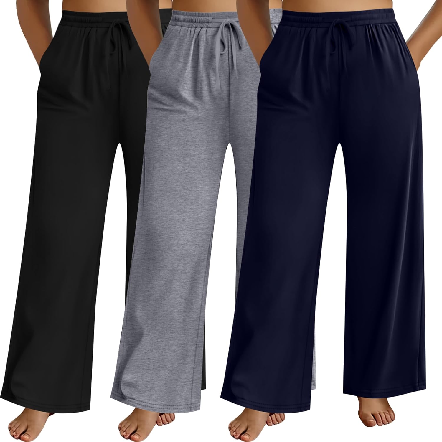 Neer 3 Pack Women's Plus Size Pants Wide Leg Lounge Yoga Pants Casual Baggy Drawstring High Waist Sweatpants with Pockets