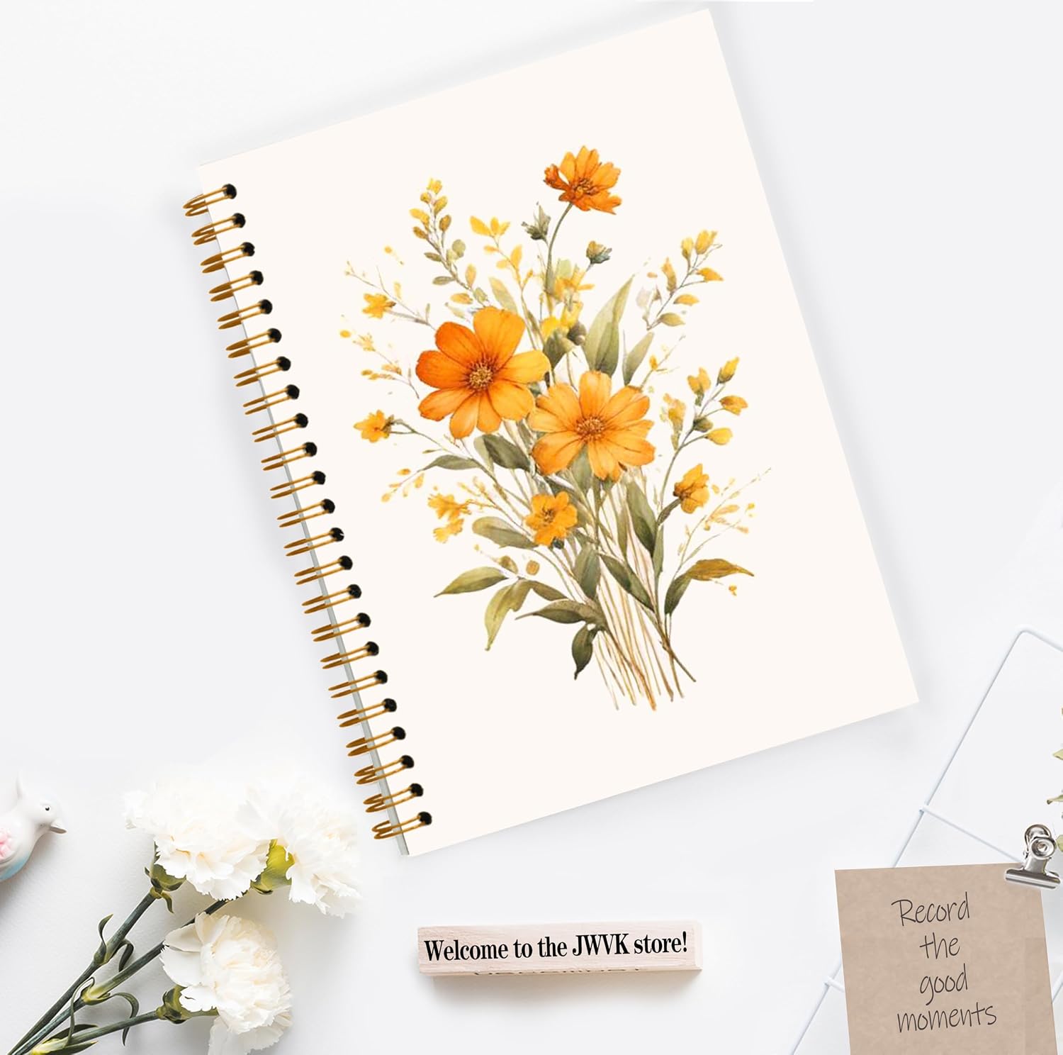 JWVK Rustic Orange Floral Spiral Notebook, Cottagecore Wild Flower Botanical Notebooks for Note Taking, Wildflowers Bouquet Journal for Women, 5.5x8.3 Inch image 3