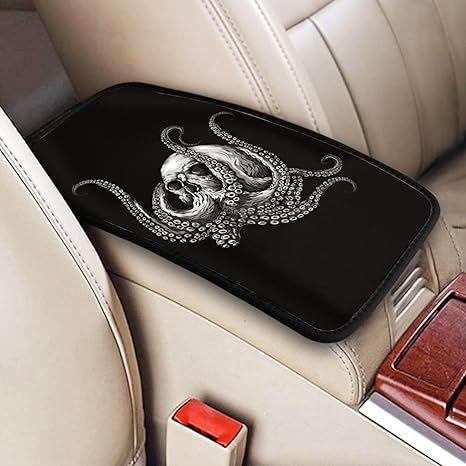 Black Sugar Skull Octopus Ocean Auto Center Console Armrest Pad Universal Car Center Console Cover Seat Box Cover for Sedan, Van, SUV, Truck Car Accessorie
