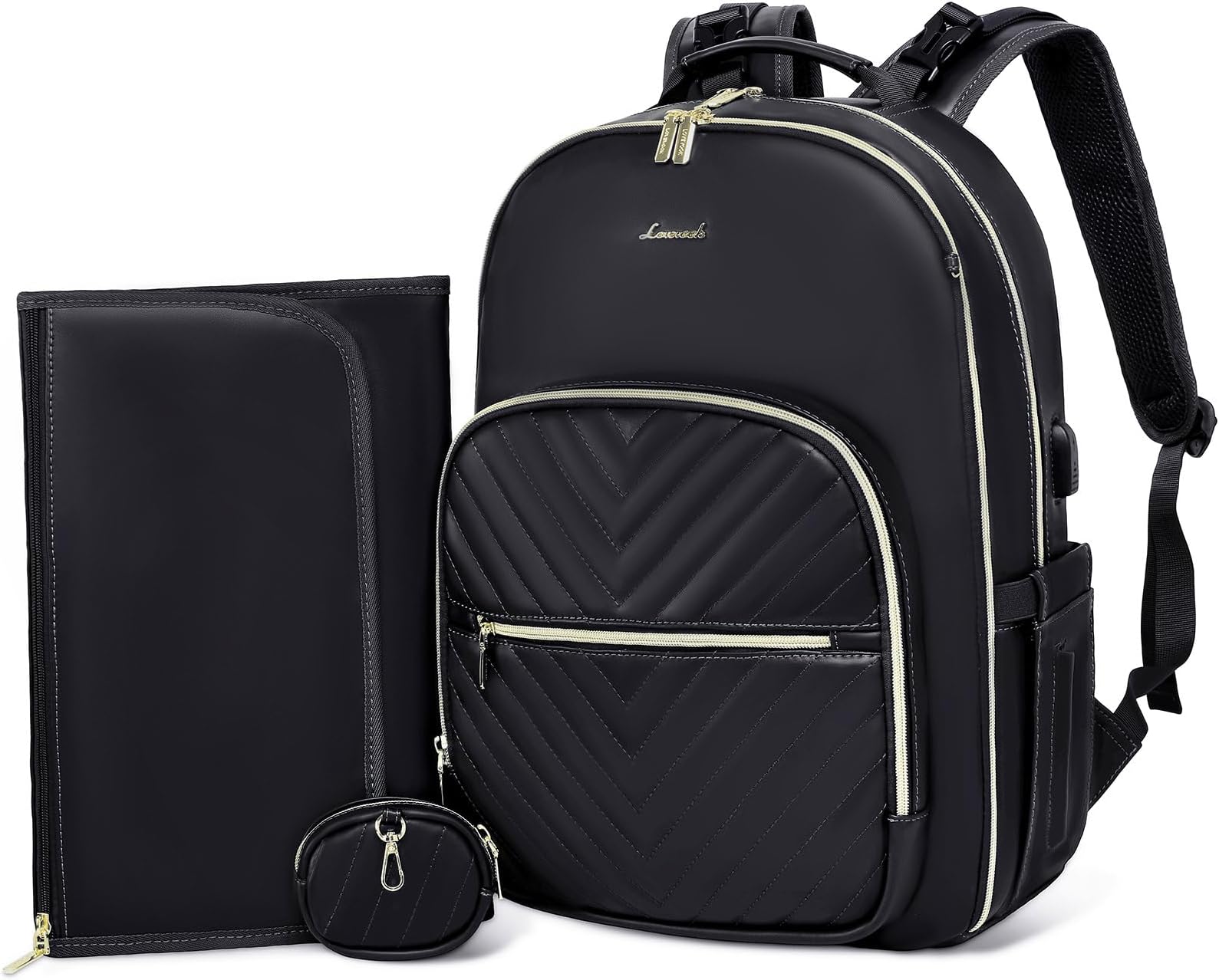 LOVEVOOKLeather Diaper Bag Backpack, Quilted Baby Bag with Changing Pad & Pacifier Holder, Waterproof Travel Diaper Bags with USB Charging Port for Baby, Stylish and Large Capacity, Black, Black-pu