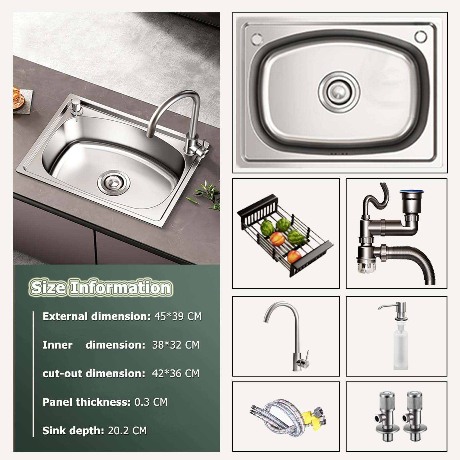 Fregadero de cocina de Acero inoxidable de Un Solo Seno, empotrable Bajo encimera, incluye desagüe y dispensador de jabón para balcón, restaurante, Bar o autocaravana (45 x 39 cm).