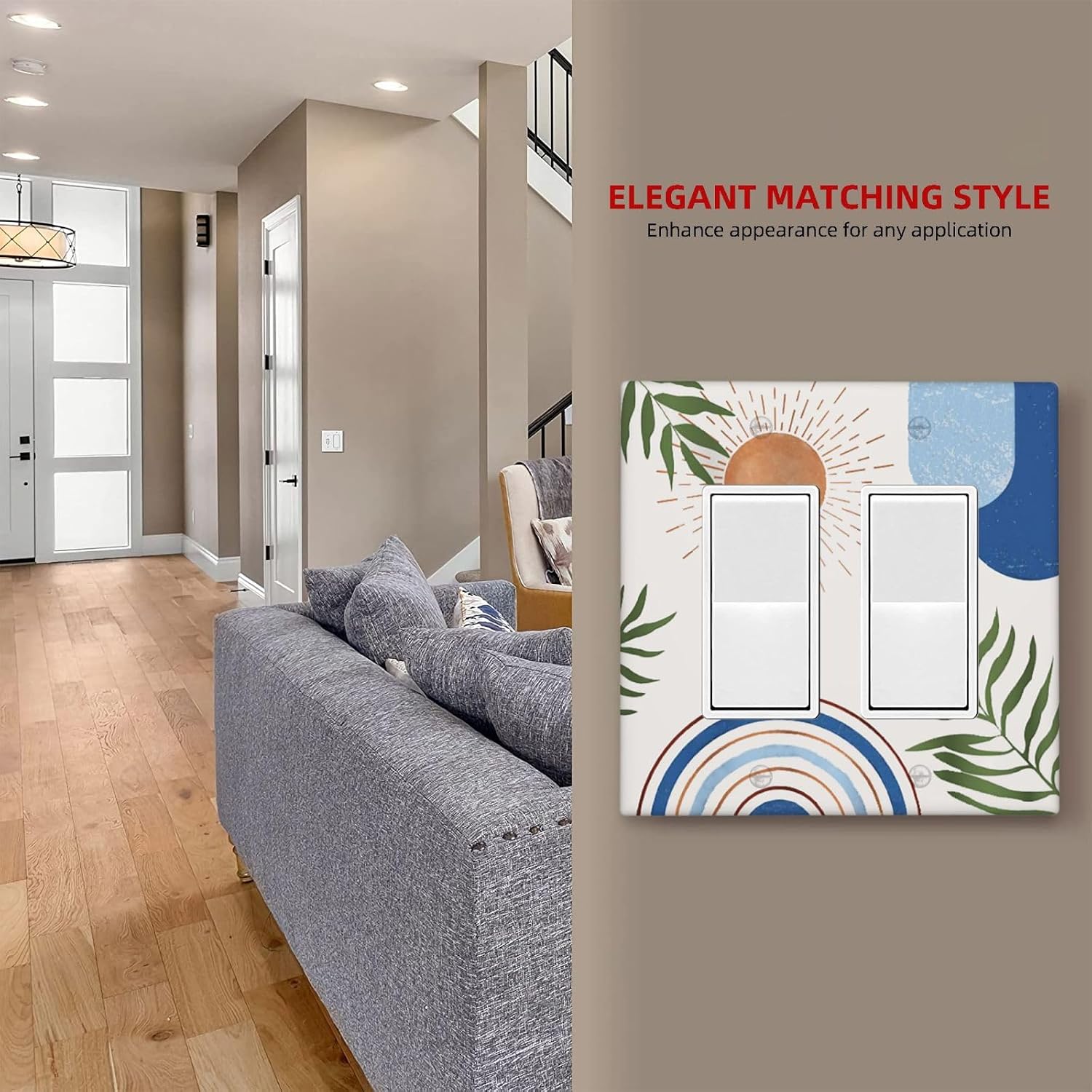 Mid Century Abstract Boho Aesthetic 2 Gang Double Rocker/GFCI Light Switch Cover Decorative Outlet Wall Plate Electrical Faceplate Blue Nature Leaf Sun Modern Minimalist Room Art Panel Decor Screwless