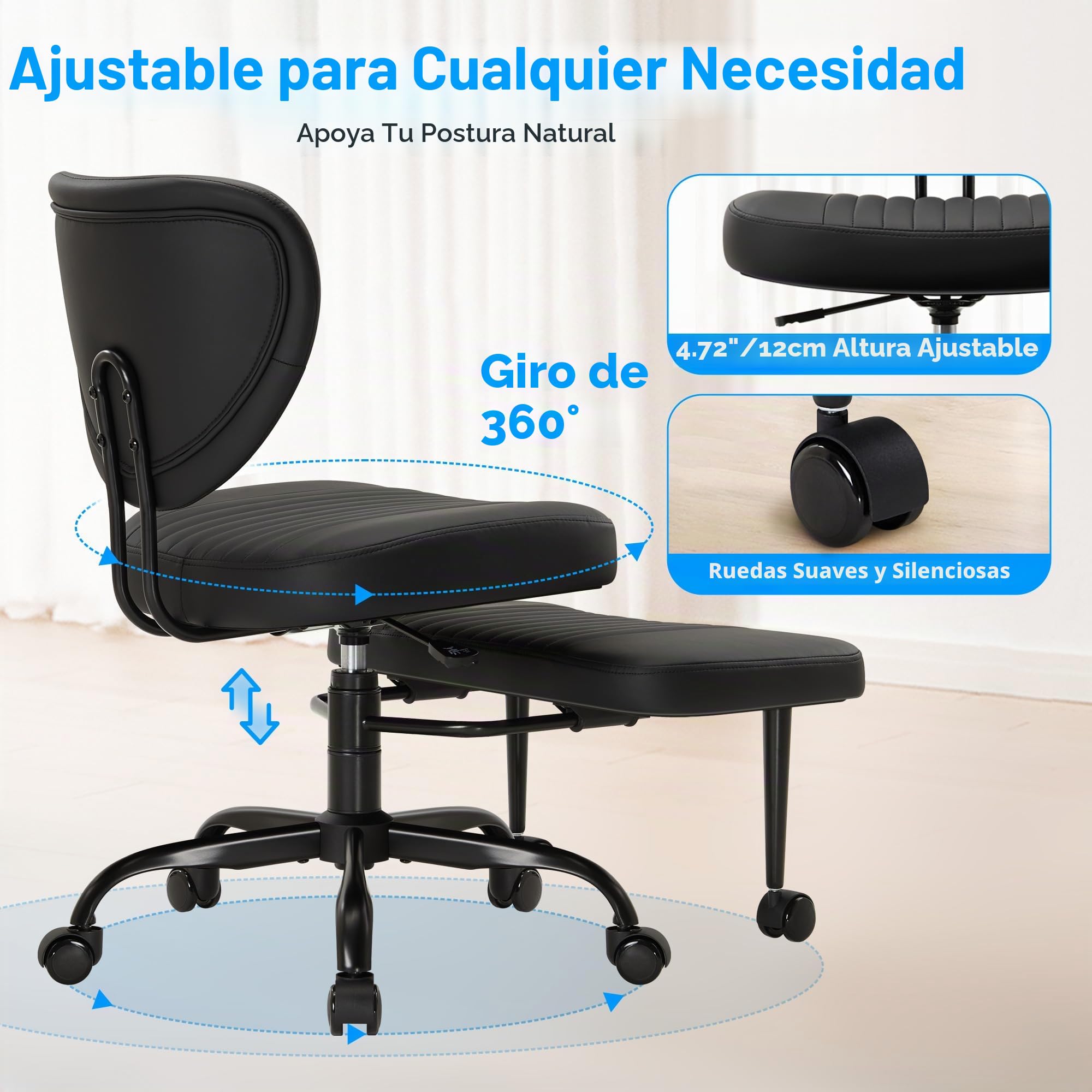 IWMH - Silla de oficina ergonómica de pie cruzado, silla de meditación giratoria de 360° con ruedas para TDAH, altura ajustable, diseño contemporáneo, negro