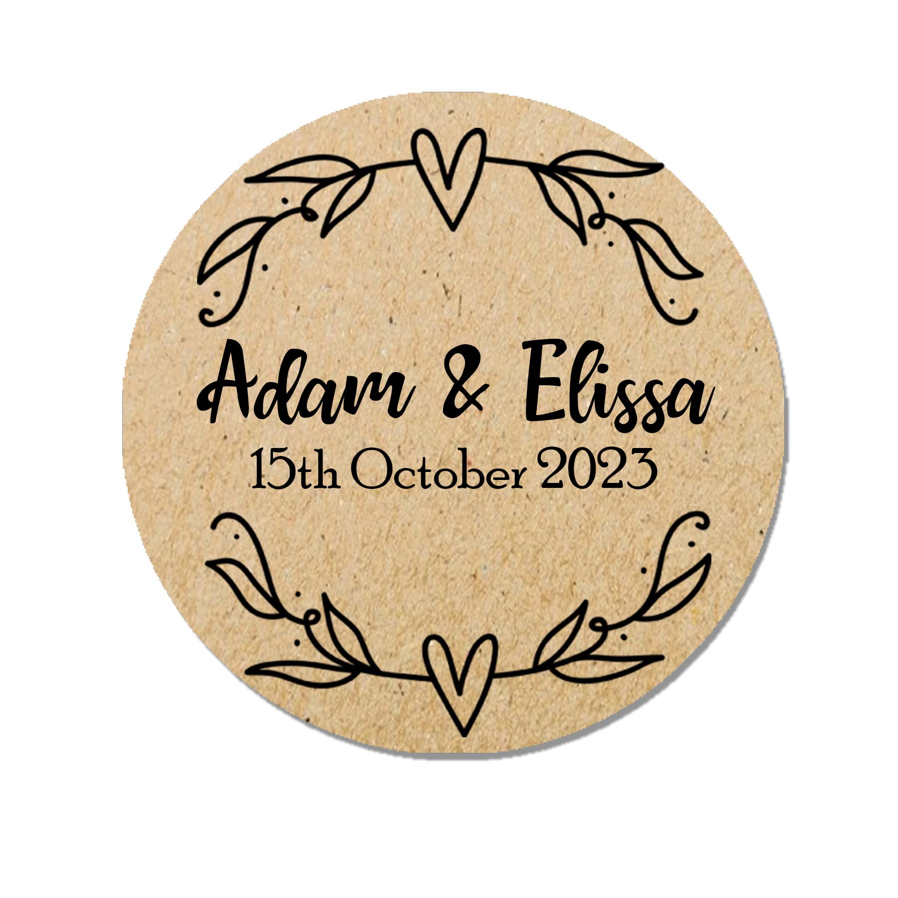 35 x Treasured Forever Personalised Wedding Shabby Brown Kraft Effect Favour Round Stickers (35mm) Hearts (Kraft - Doddle)