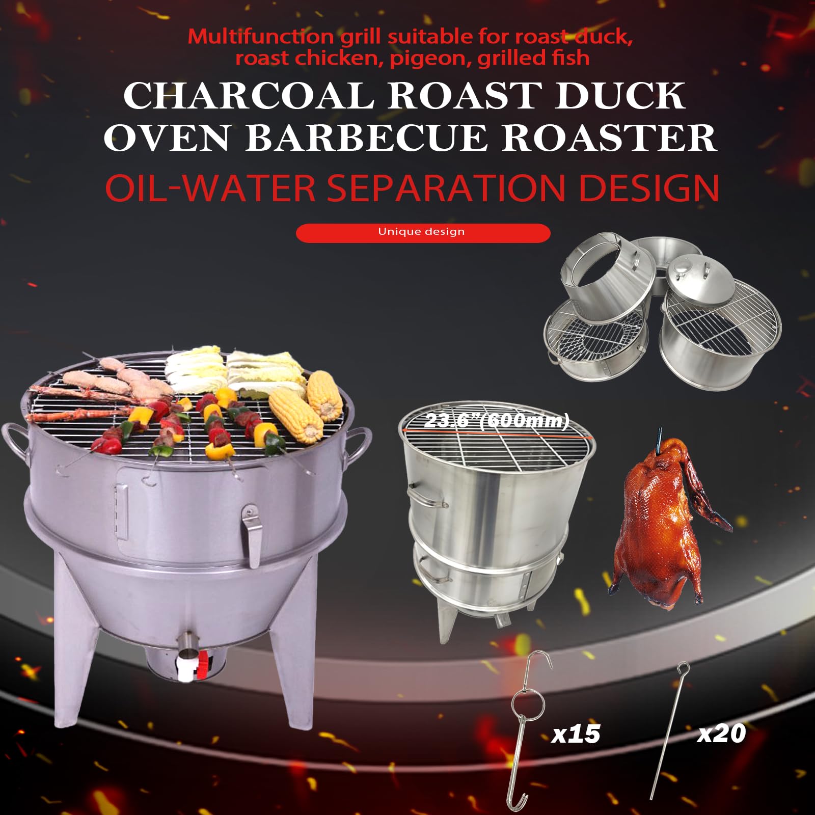 WYDDDARY Stainless Steel Charcoal Duck Roaster Commercial Barbecue Grill Duck Cookware Barbecue Grill with Removable Shelves and Hooks for Duck, Chicken, Pigeon, Fish and Vegetables Dia.23.6in