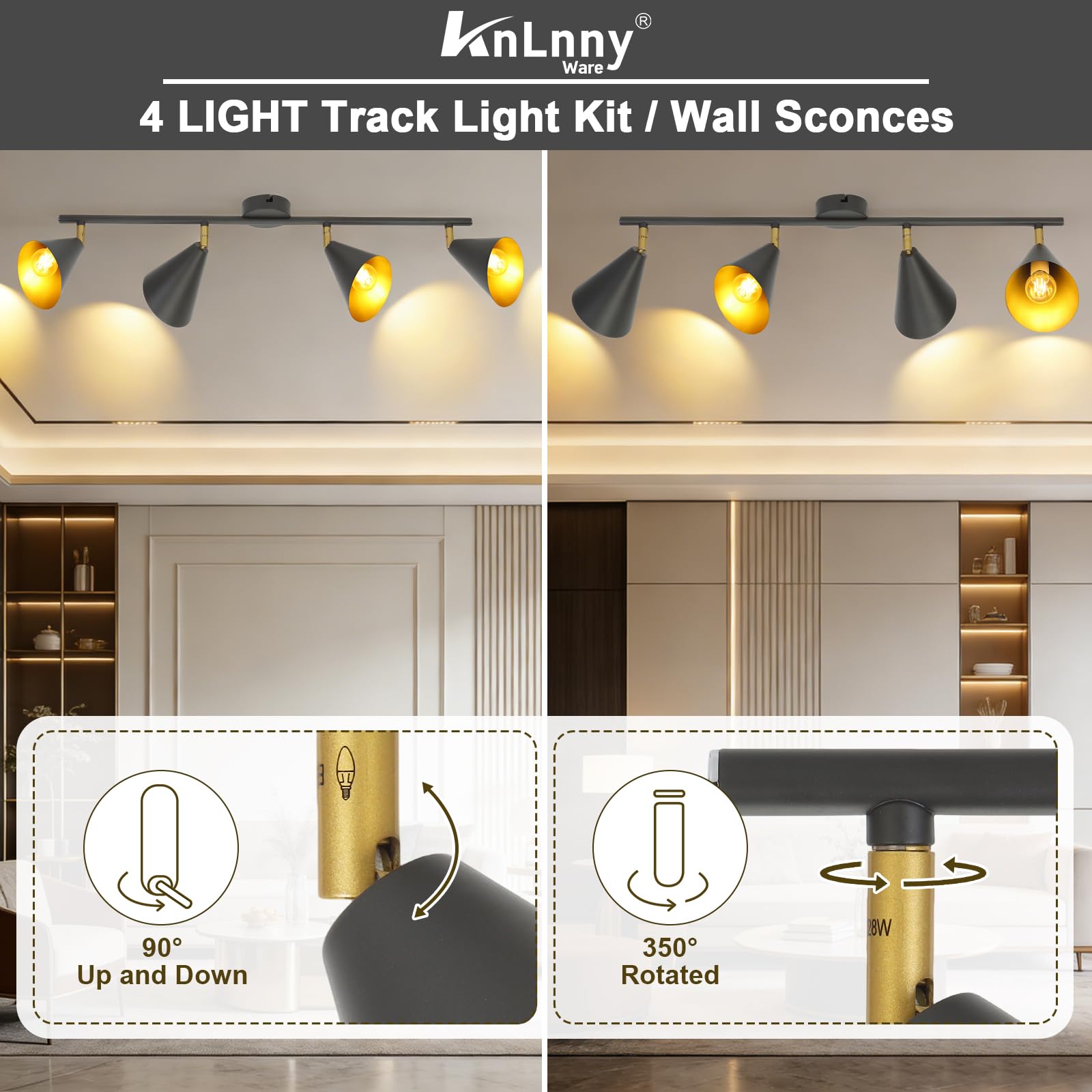 KnLnny Ware 4 Luci Nera Industriale Lampada da Soffitto e Parete, 350° orizzontale e 90° verticale regolabile con attacchi E14, Nero esterno Oro interno Lampada in Metallo Vintage, Senza Lampadine