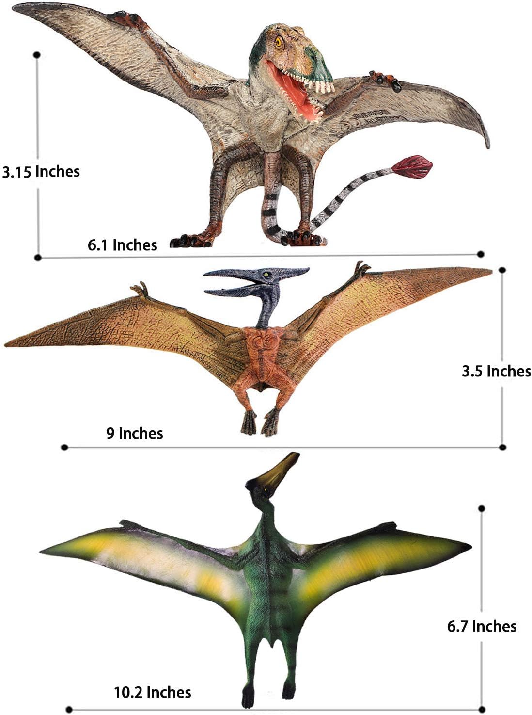 Gemini&Genius 3pcs Pterodactyl Action Figures Realistic Flying Dinosaur Pteranodon Dino Toys Pterosaur Model Toys Cake Toppers Set for Kids