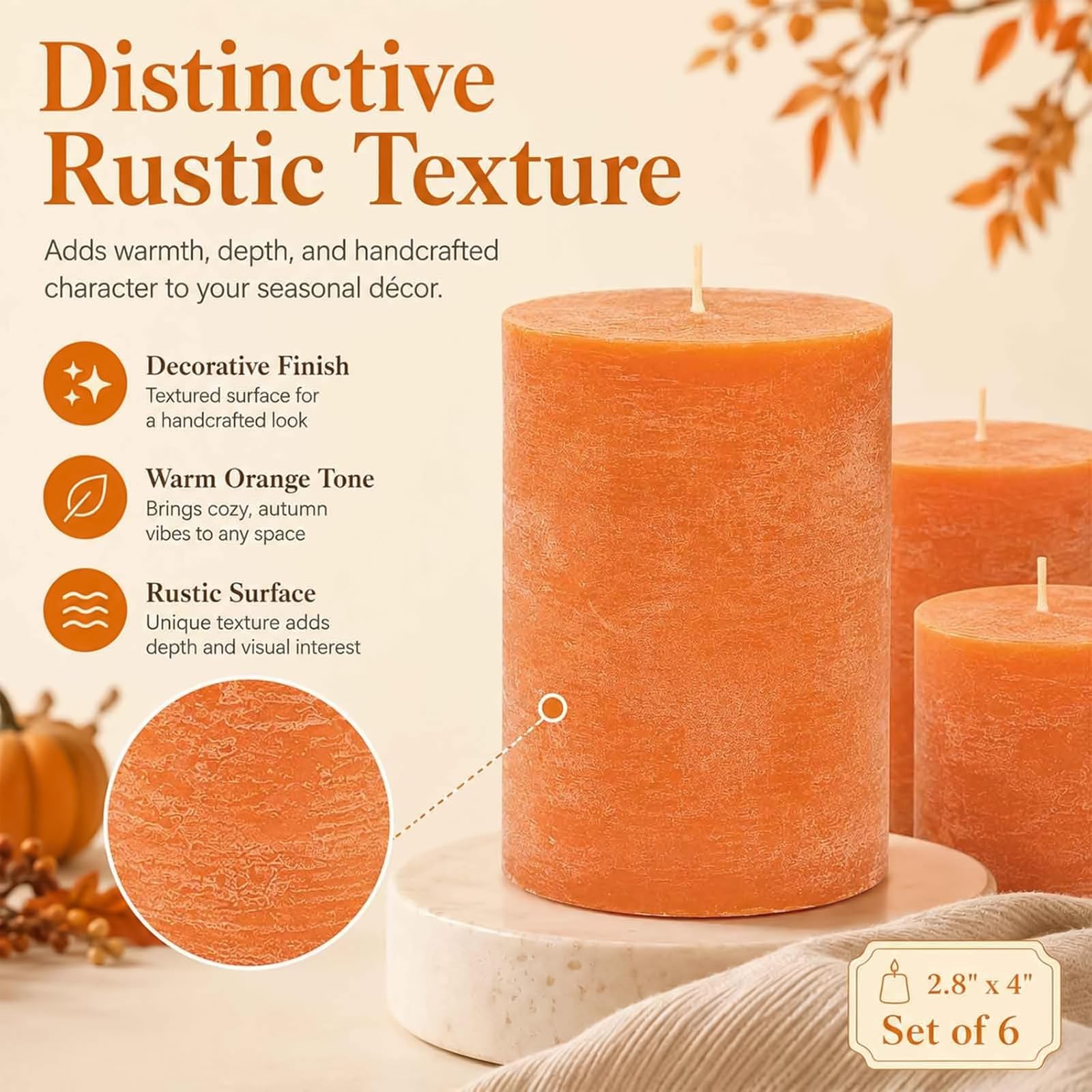 Paquete de 4 velas de soja blanca, velas de soja natural, 55 horas de duración, sin perfume, sin goteo y sin humo, color naranja quemado rústico, para mesa de comedor, boda, hogar, 2.8 x 4 pulgadas