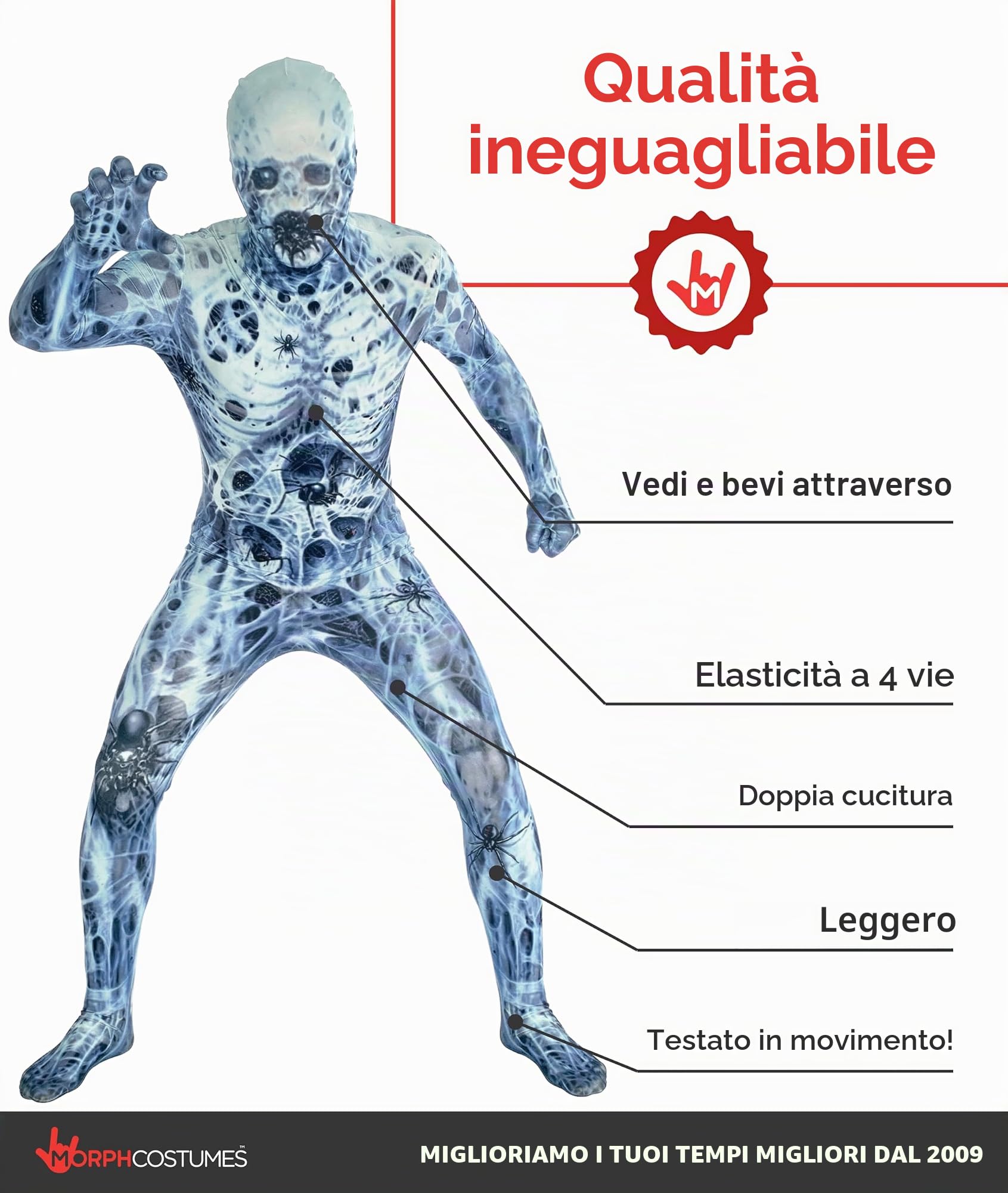 Morphsuit, costume da mostro, motivo: teschio e ossa