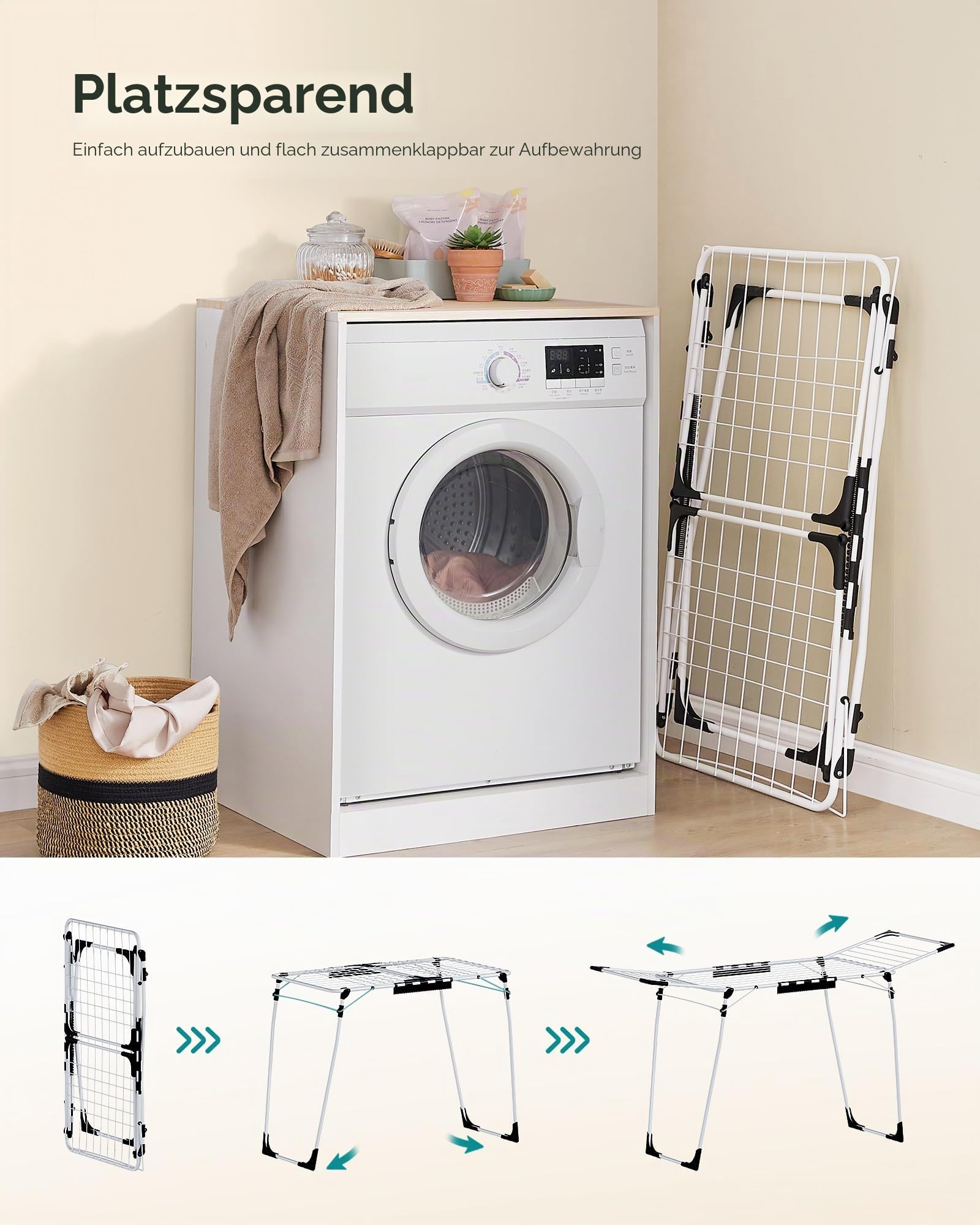 SONGMICS Wäscheständer, 22,2 x 68,1 x 38 Zoll, Wäscheständer, faltbar, platzsparend, mit Flügeltüren, Sockenklammern, Metallstruktur, für Kleidung, Handtücher, Bettwäsche, weiß ULLR518W01
