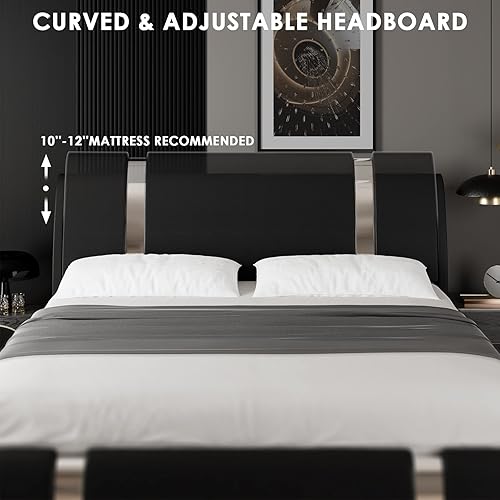 Miniatura 5 de TTVIEW Base de cama tapizada de piel sintética moderna con decoración de metal de hierro cabecera curvada ajustable soporte de listones de madera no