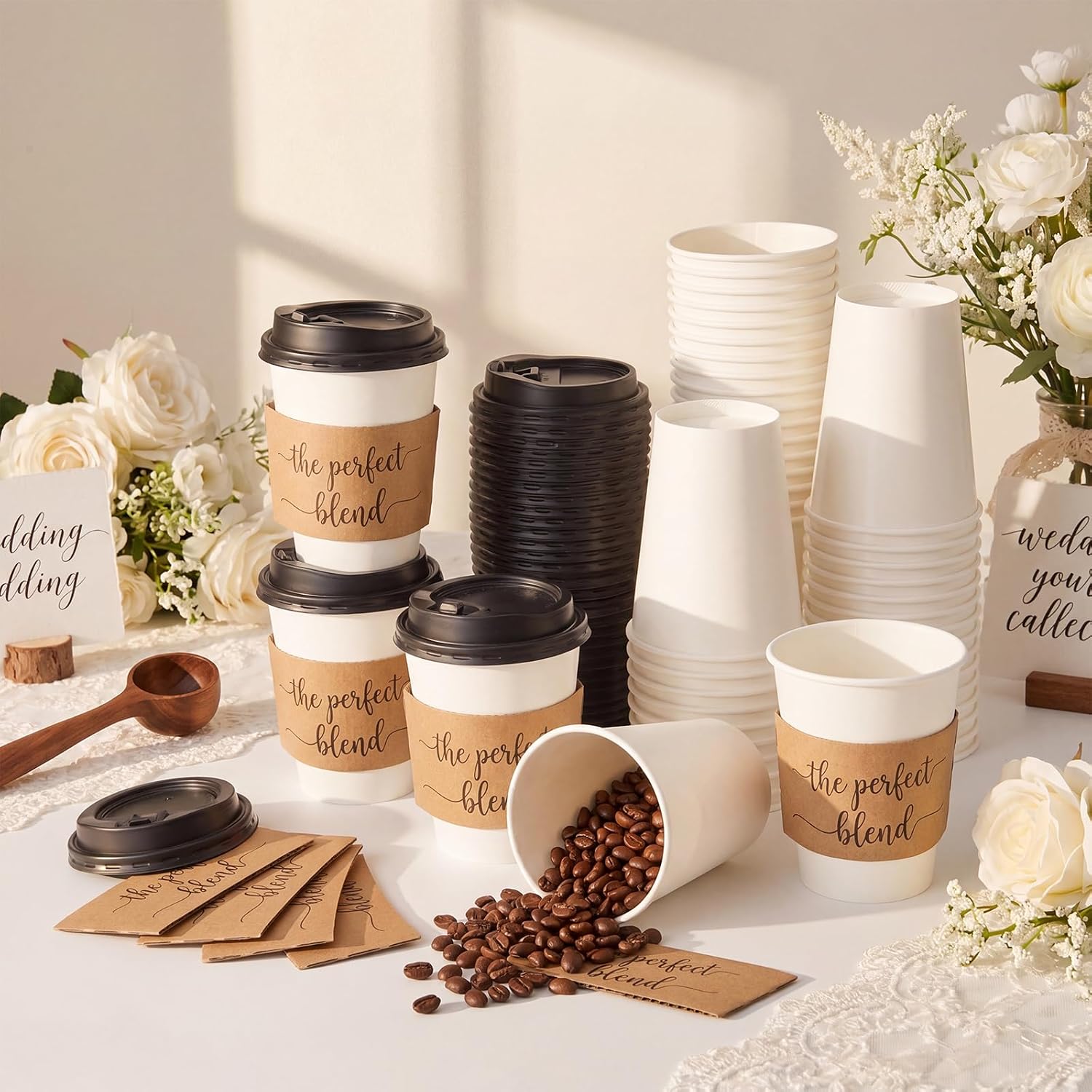 Jingmore 50 Sets 12 oz Wedding Coffee Paper Cup Sets The Perfect Blend Disposable Drinking Cups with Sleeves Lid for Bridal Shower Engagement Cafe Party Reception Favors