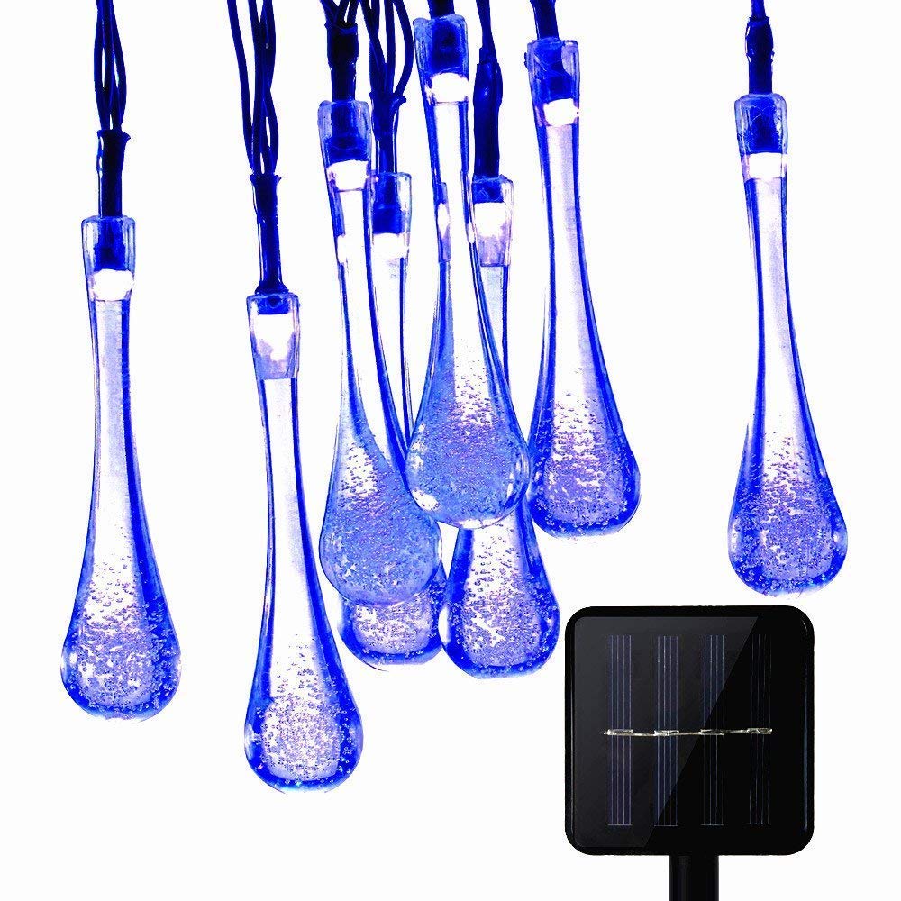 TTY LED Water Drop Light,12M 100 LED,Solar Garden Light,Water Proof 8 Modes, Waterproof Teardrop Lights for Fence, Yard, Summer Party, Wedding [Energy Class A++] (Blue)