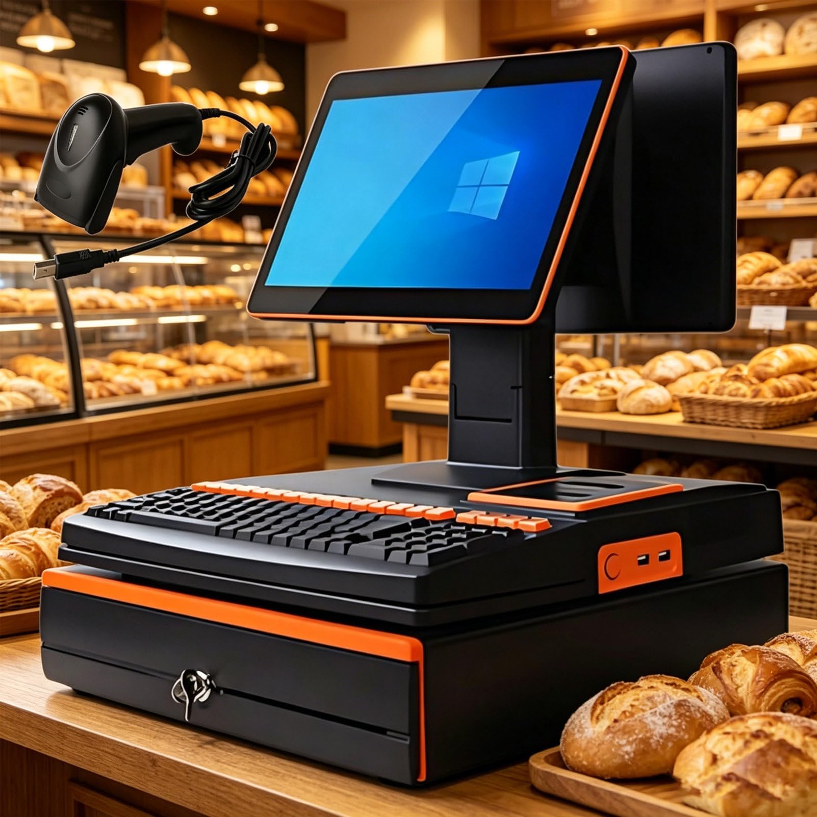 Pvxa POS System for Small Business, All-in-One Touch Screen Single/Dual Monitor Cash Register, with 15.6'' LED Touch Screen, 101 Keys Keyboard, Handheld Scanner DualScreen-Orange