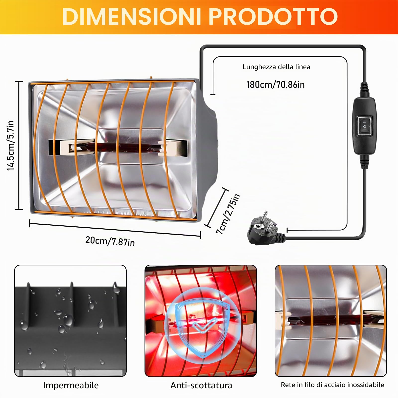 Lampada a calore da 1,8 metri, riscaldatore con spina EU, lampada a luce rossa con interruttore, lampada a calore per animali, lampada riscaldante per pollaio, lampada a infrarossi per pulcini