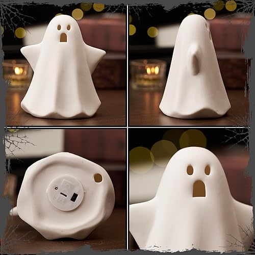 Miniatura 6 de Fantasma iluminado para decoración de Halloween, 5 pulgadas, bonitas decoraciones de Halloween para interiores, 3 piezas de fantasmas de cerámica
