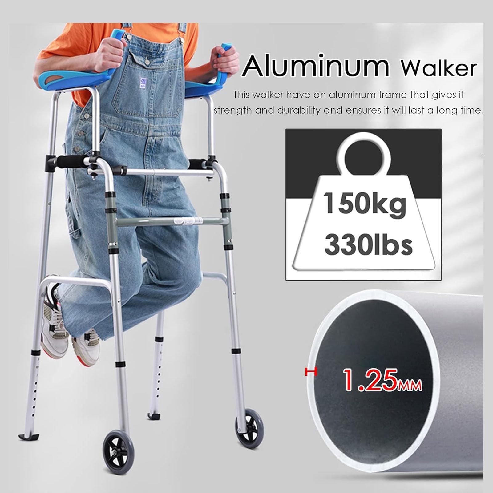 Andador Plegable con Reposabrazos Extraíbles, Andador Vertical para Ancianos De Aluminio Plegable, Soporte para Antebrazo/Adultos, Altura Ajustable Regulable En Altura, Ruedas Sólidas