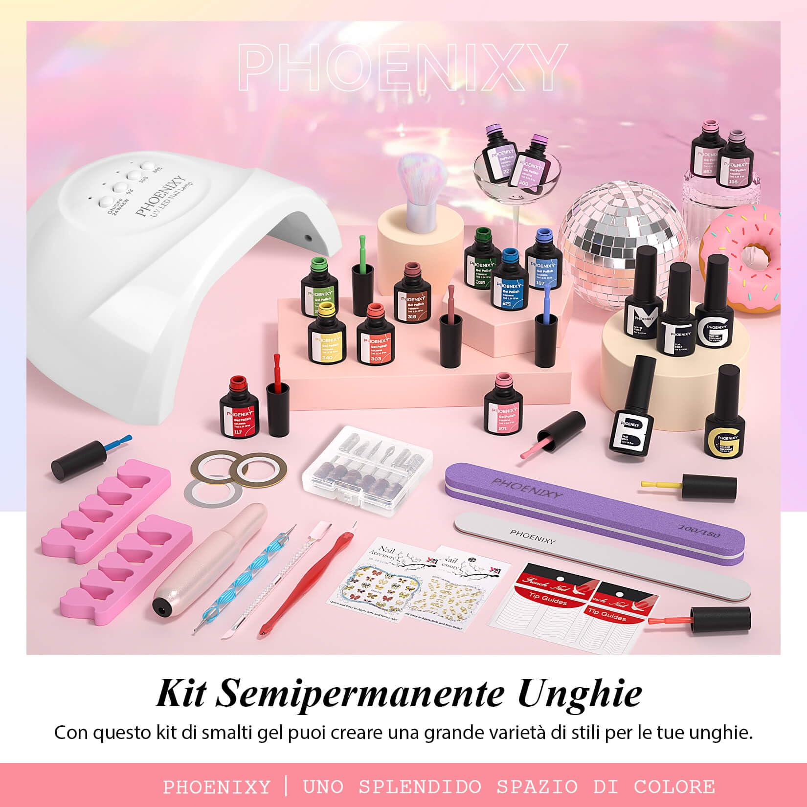 Phoenixy 30Pz Kit Semipermanente Unghie con Fresa per Unghie 25 Colori Kit Unghie Gel Completo con 48W U V/LED Lampada Base e Top Coat Kit Professionale per Nail Art da Salone