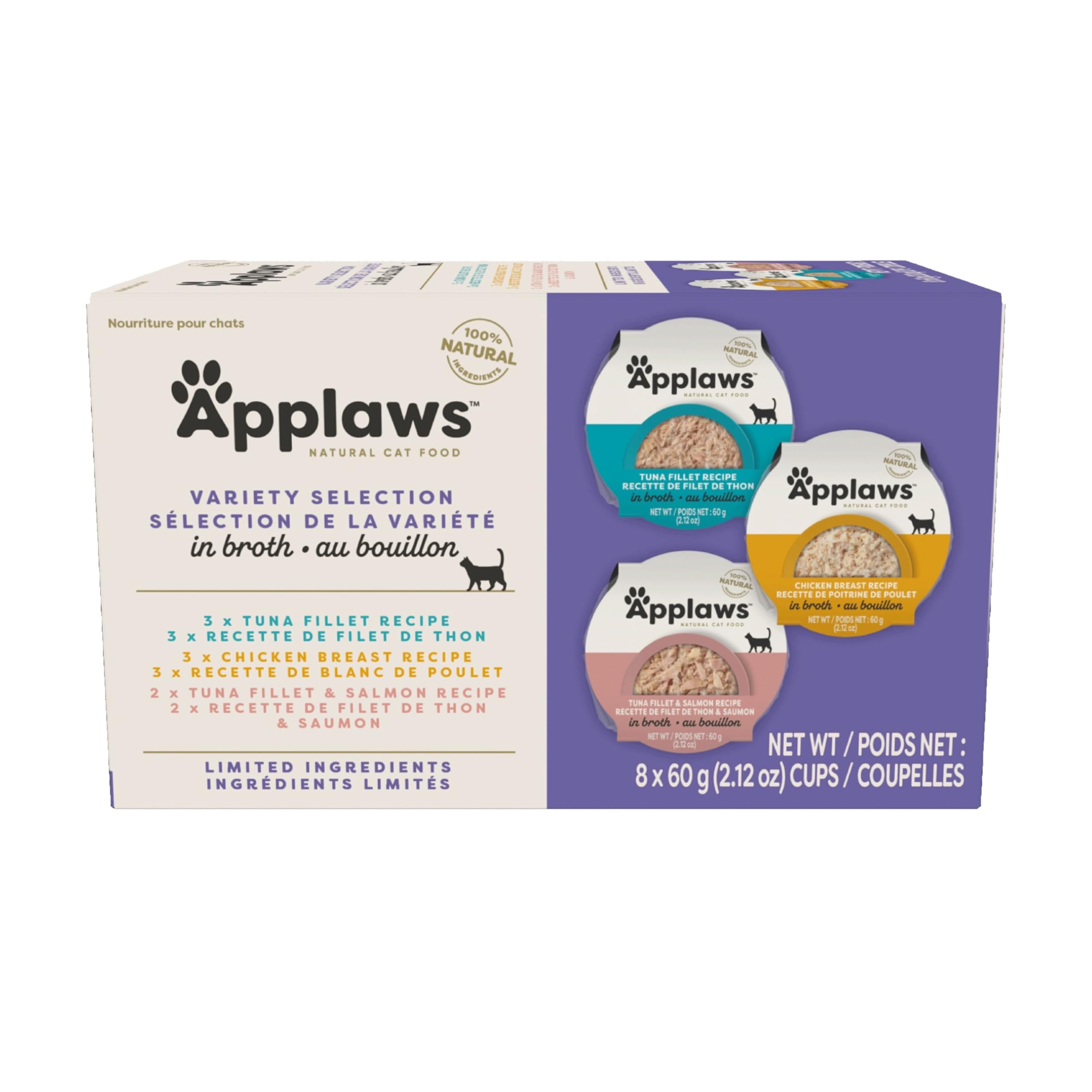 Applaws Natural Wet Cat Food in Broth, Limited and Natural Ingredients, High Protein with No Artificial Additives, Variety Pack in Broth (8 x 2.12 oz Easy-Open Cups)
