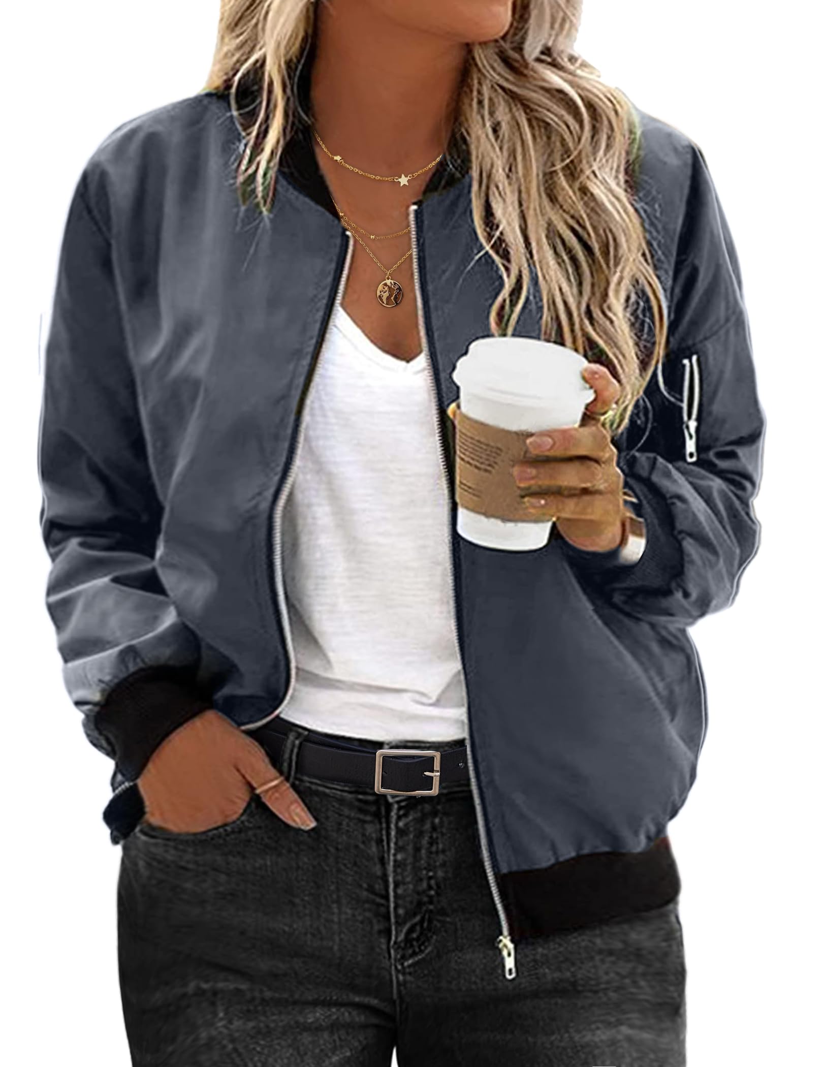IN'VOLAND Womens Jacket Plus Size Bomber Jackets Lightweight with Pockets Zip Up Quilted Casual Coat Outwear