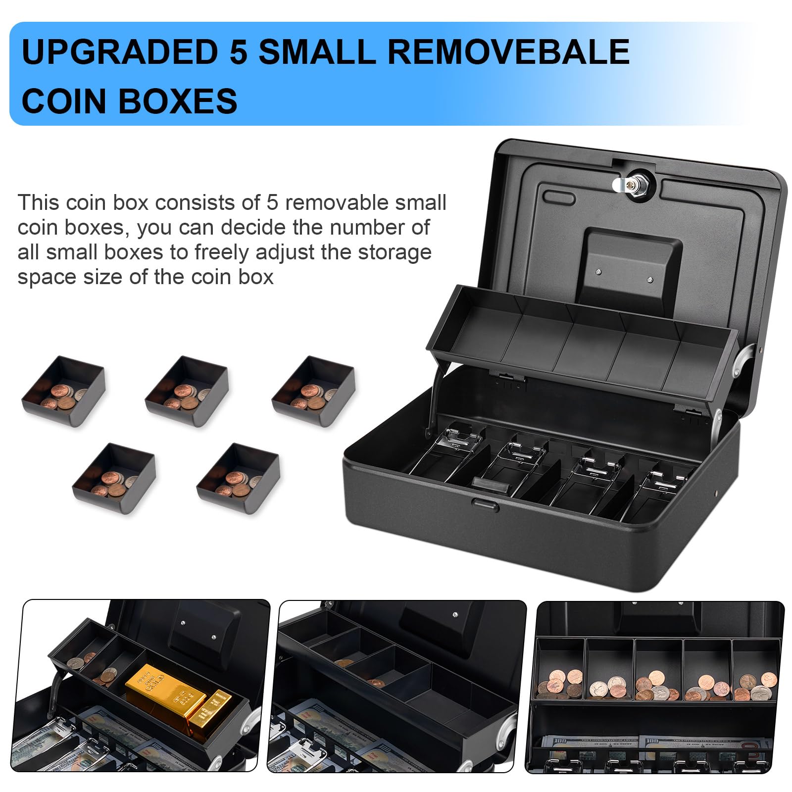 Sgorlds Cash Box Metal Money Box with 4 Bill 5 Coin Cash Tray Coin Compartmentand and Key Lock on Top - Image 2