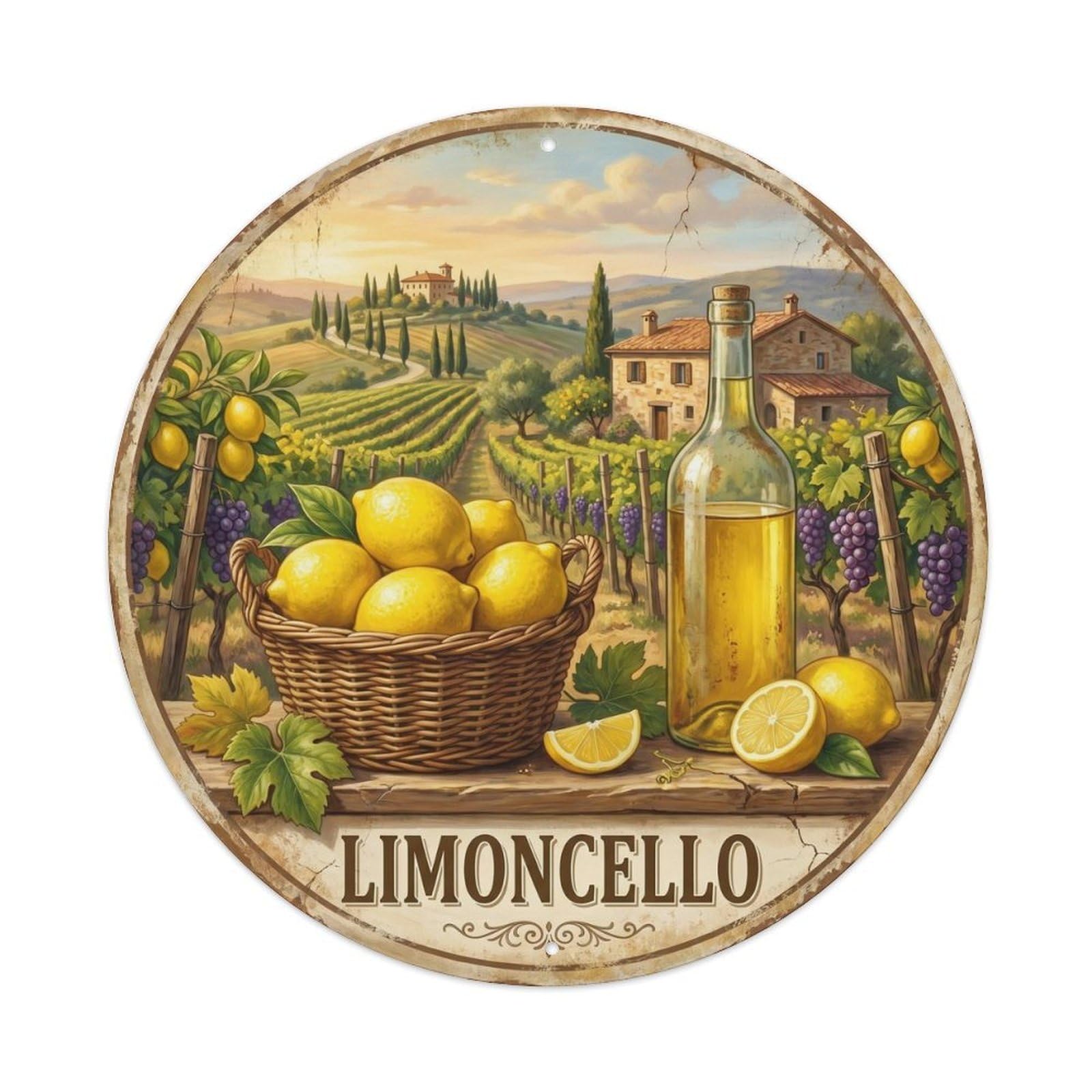 Classic Limoncello Vineyard Vintage Metal Tin Sign Plaque Wall Decor for Cafe, Club, Garden Round Metal Poster 8x8Inch