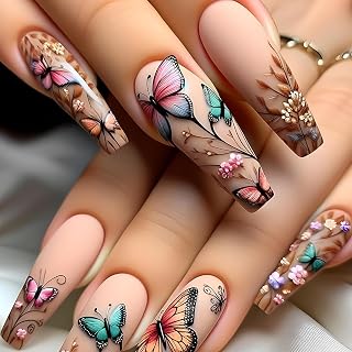 Press on Nails Long Fake Nails Coffin False Nails 3D Colorful Butterfly Glue on Nails Violet Stick on Nails Full Cover Reusable Acrylic Nails for Women Girls Artificial Nails 24 Pcs