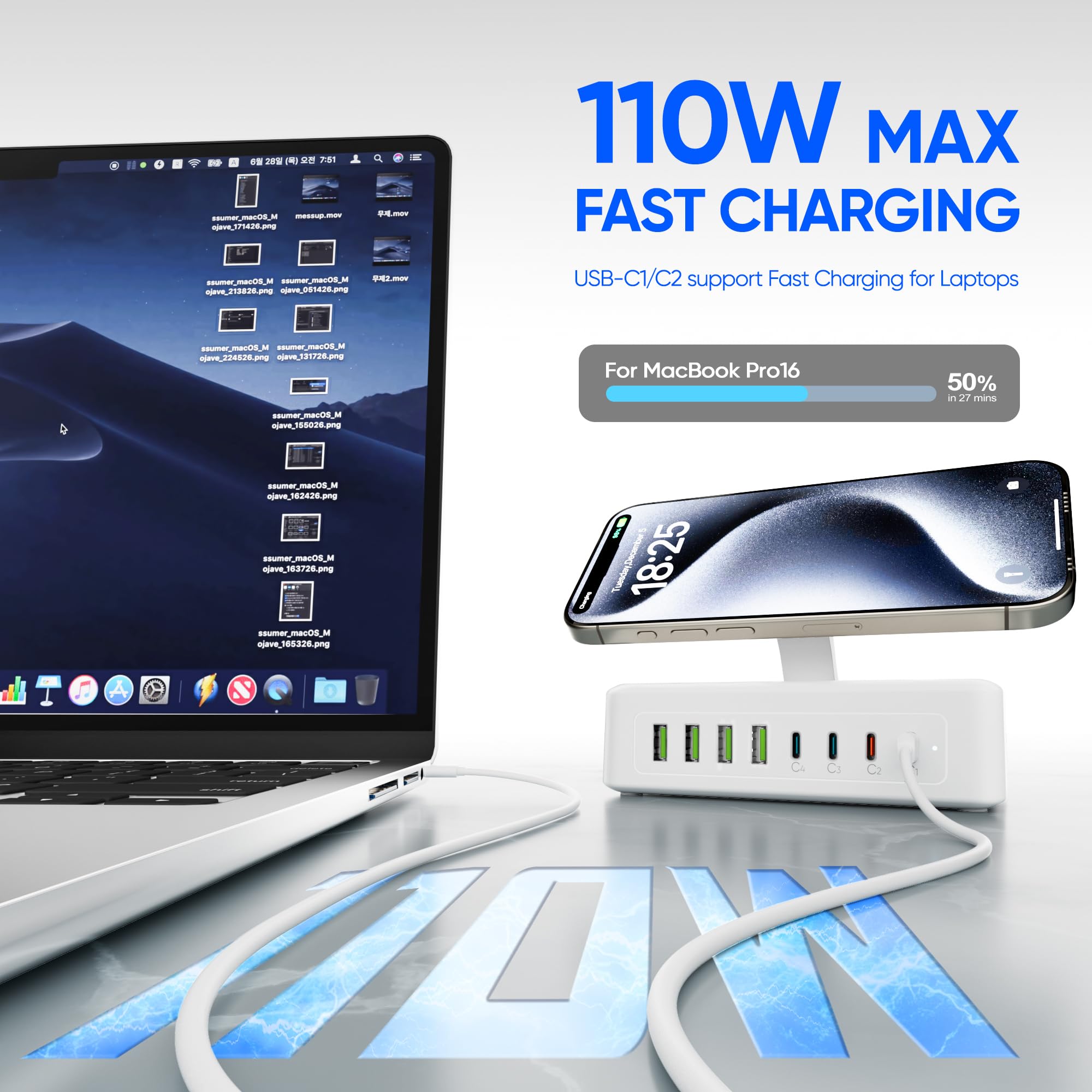 11 w 1 listwa zasilająca USB C, blok ładowarki USB C 160 W, 2 gniazda AC, 4USB-A, 4USB-C do MacBooka, iPhone'a 16/15/14, płaski kabel 1,5 m, ładowarka do komputera