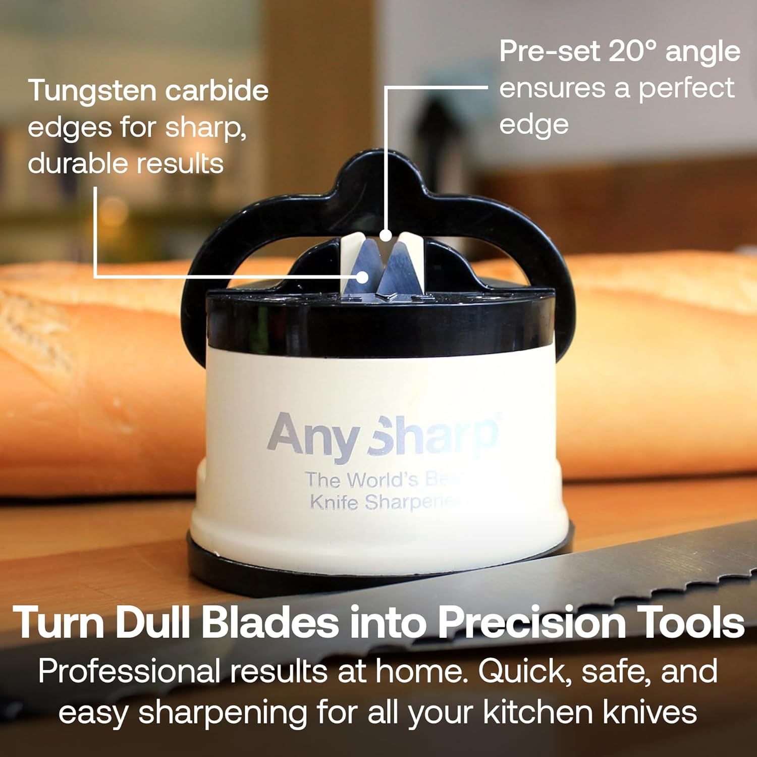 AnySharp – Pro – Hands Free Knife Sharpener - Easy to Use Sharpening Tool with PowerGrip Suction Base and 20-Degree Pre-Set Angle - for All Knives: Chef's, Serrated, and Hardened Steel - Cream