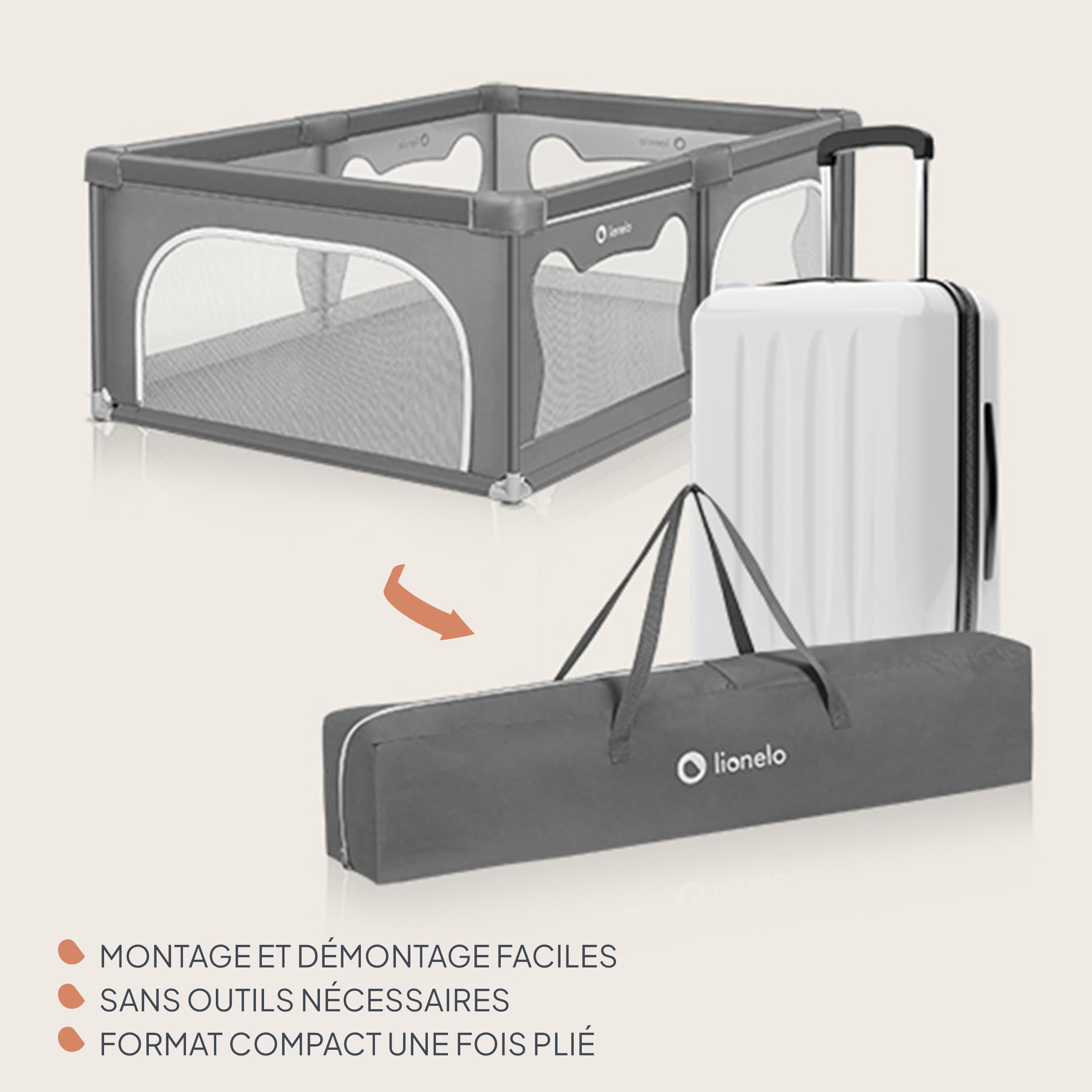 LIONELO WILLOW Parc pliant pour bébé, de 0 à 48 mois, grand espace 120 cm x 180 cm x 68 cm, parc pour bébé avec filet respirant, 2 entrées latérales zippées (Grey)