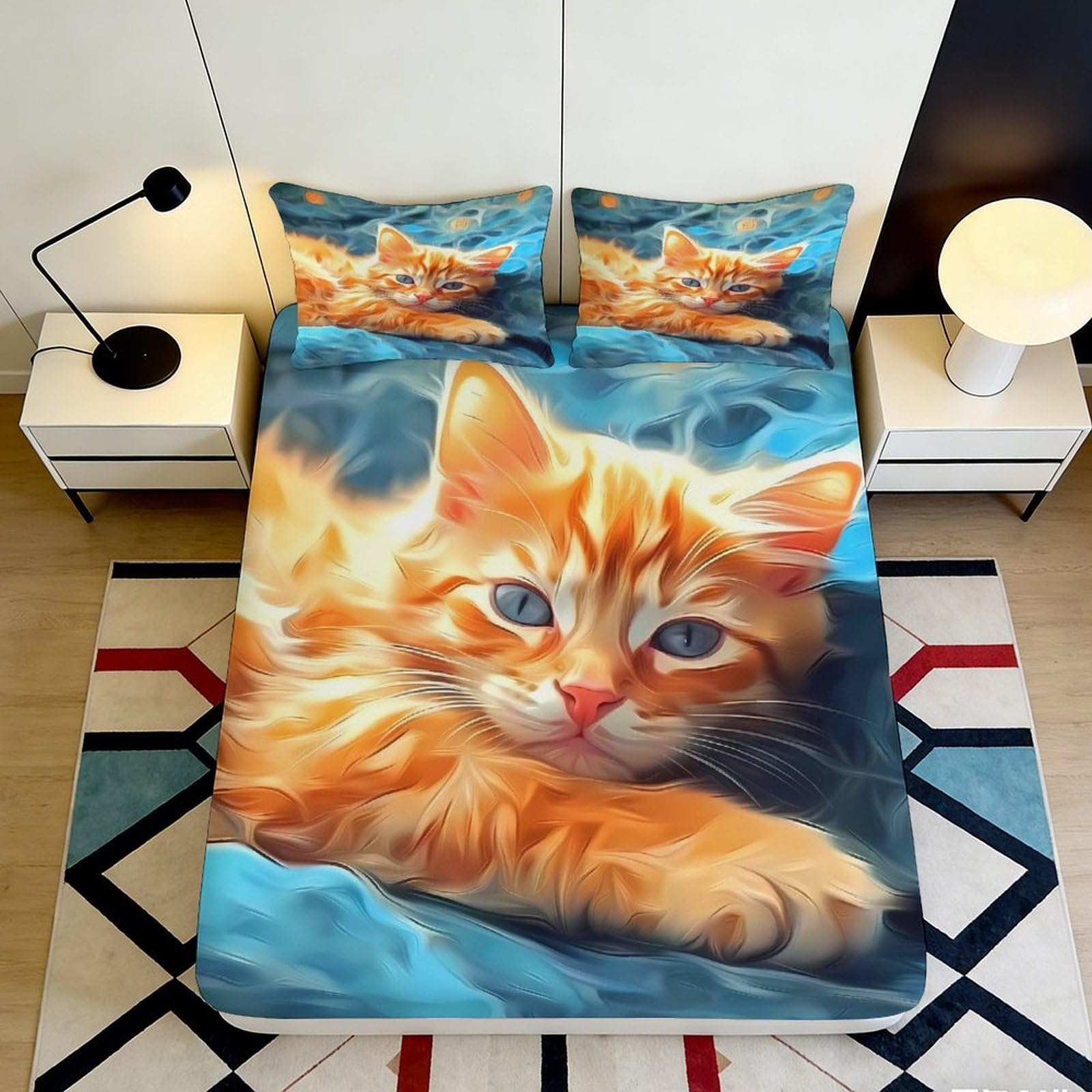 3D Printed Orange Cat Fitted Sheet Microfiber Bedroom Decor Blue Kitten Mattress Cover for Home Guest Room 90x200x25cm