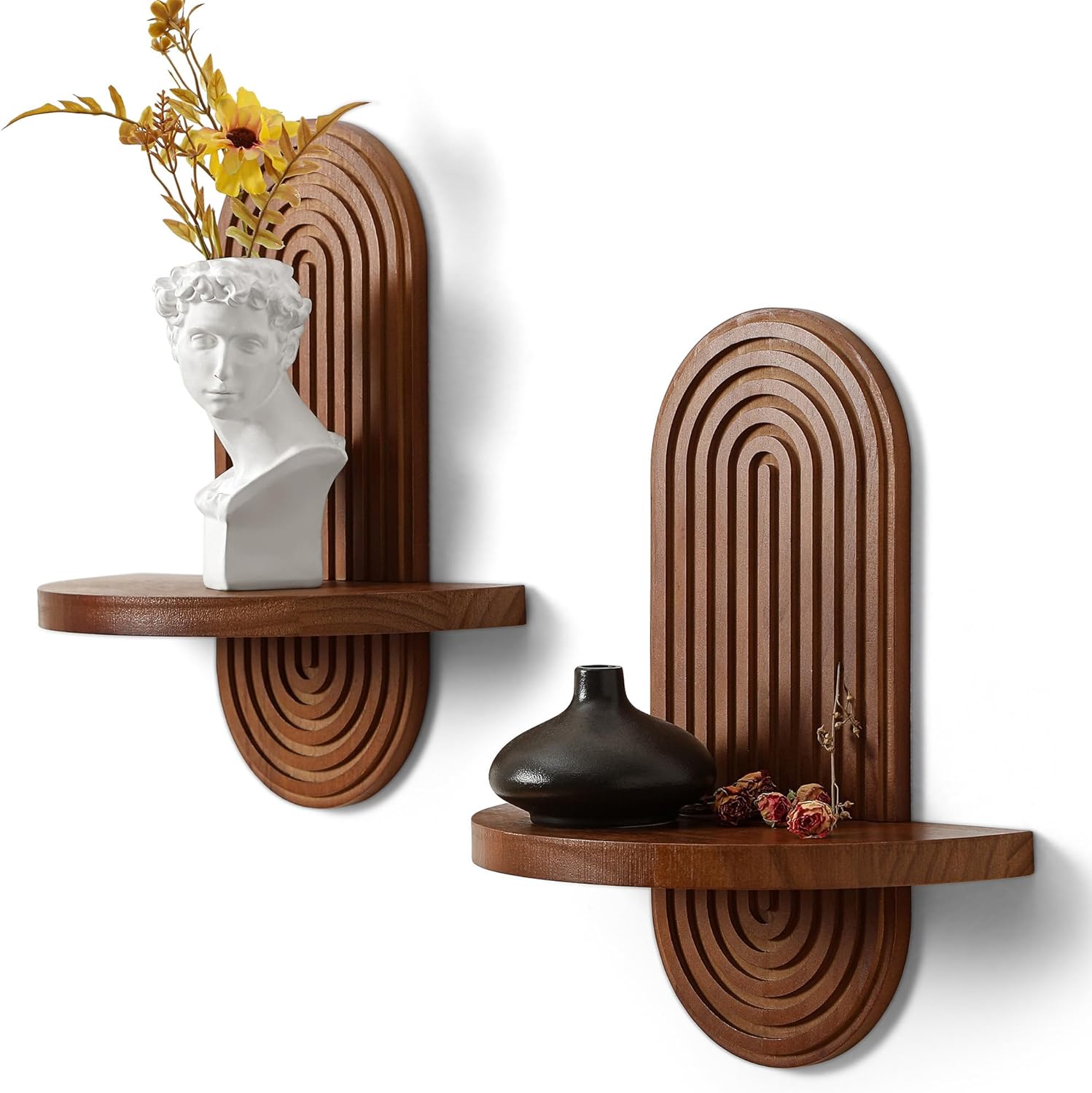 GRID FORTE Modern Wall Shelf (Set of 2) with Arched Wood Design Mid-Century Single Floating Rainbow Shelves for Indoor Decoration Holding Planter Ornaments, 14 x 11.6 Inch (Walnut)