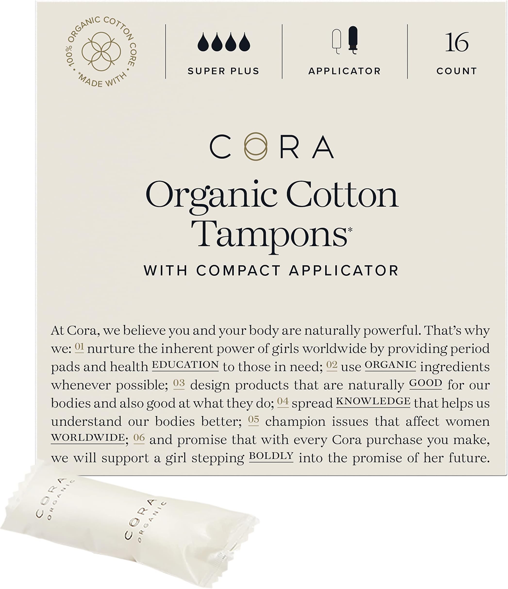 Cora Organic Applicator Tampons | Super Plus Absorbency | 100% Cotton Core, Unscented, BPA-Free Compact Applicator | Leak Protection, Easy Insertion, Non-Toxic | Packaging May Vary (16 Count)